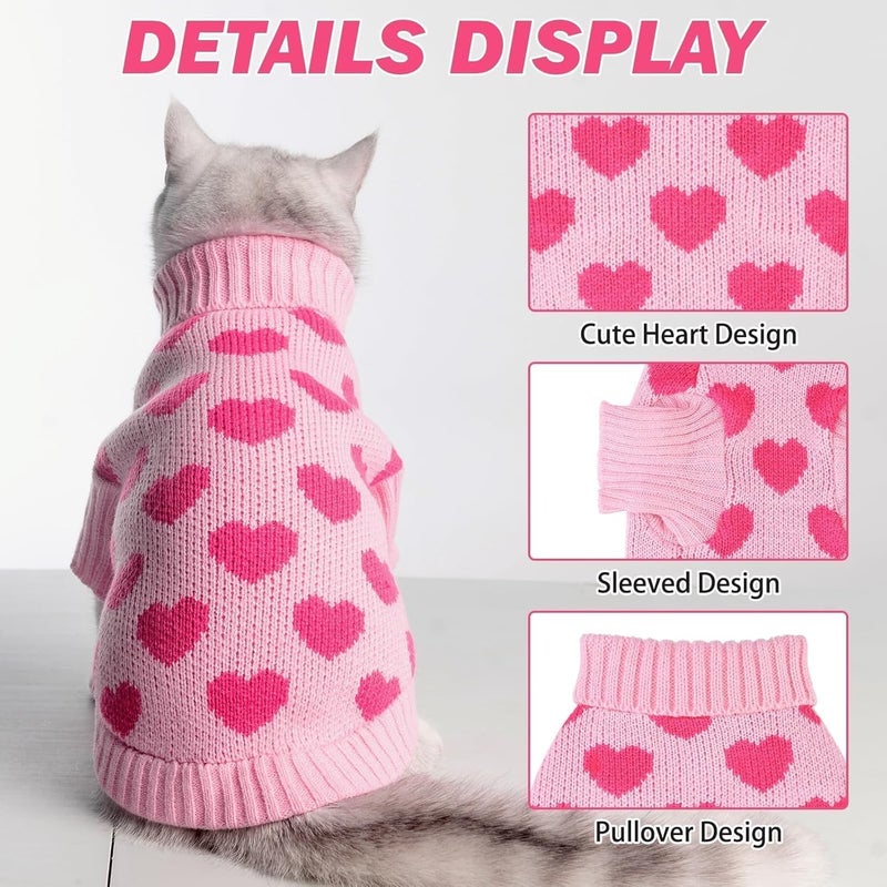 KOOLTAIL Cat Sweater Turtleneck- Soft Pink Knit Cat Sweaters for Cats Only, Heart Love Pattern Thick Warm Cold Weather Clothes, Valentine's Day Pet Outfit for Small Medium Size Kitten Puppy Girls S - Image 2